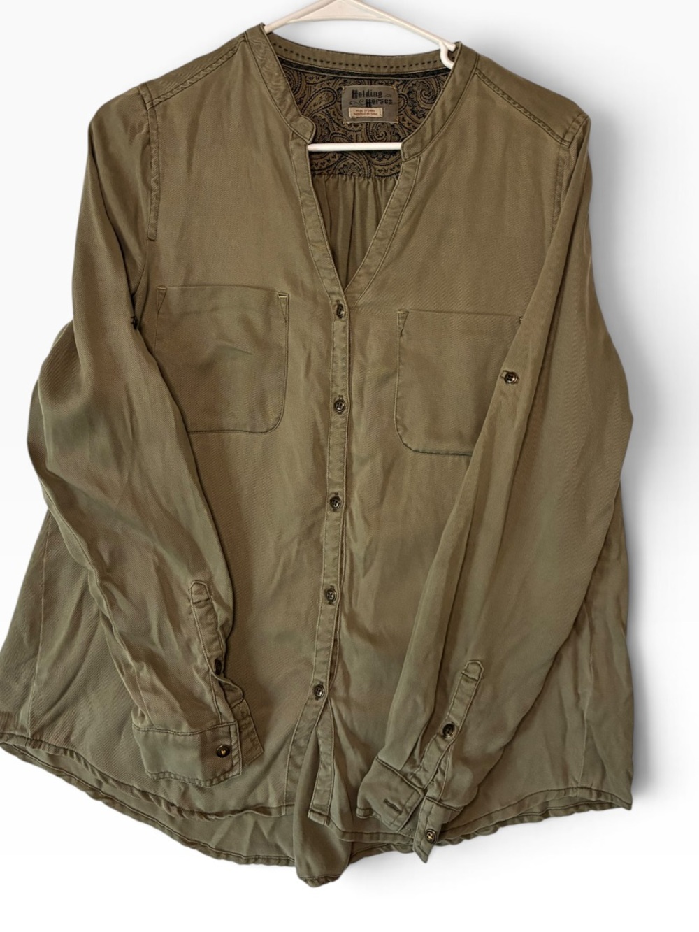 Anthropologie Holding Horses Olive Green Utility Button Down Shirt Blouse - Size